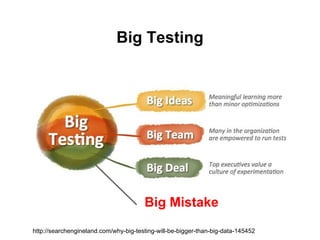 Big Testing




                                       Big Mistake
http://searchengineland.com/why-big-testing-will-be-bigger-than-big-data-145452
 