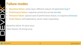 #DevoxxPL
Failure modes
•  Byzantine failure: same input, different outputs à application bug !!!
•  Performance failure: response correct but arrives too late
•  Omission failure: special case of performance failure, no response (timeout)
•  Crash failure: self-explanatory, server stops responding
Byzantine failure à value issue
Other failures à timing issue
@doanduyhai14
 