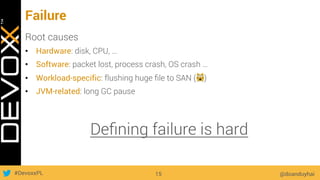 #DevoxxPL
Failure
Root causes
•  Hardware: disk, CPU, …
•  Software: packet lost, process crash, OS crash …
•  Workload-specific: flushing huge ﬁle to SAN (🙀)
•  JVM-related: long GC pause
Deﬁning failure is hard
@doanduyhai15
 