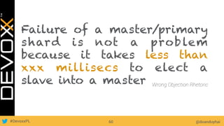 #DevoxxPL @doanduyhai60
Failure of a master/primary
shard is not a problem
because it takes less than
xxx millisecs to elect a
slave into a master Wrong Objection Rhetoric
 