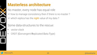 #DevoxxPL
Masterless architecture
@doanduyhai69
No master, every node has equal role
☞ how to manage consistency then if there is no master ?
☞ which replica has the right value of my data ?
Some data-structures to the rescue:
•  vector clock
•  CRDT (Convergent Replicated Data Type)
 