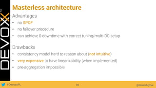#DevoxxPL
Masterless architecture
@doanduyhai78
Advantages
•  no SPOF
•  no failover procedure
•  can achieve 0 downtime with correct tuning/multi-DC setup
Drawbacks
•  consistency model hard to reason about (not intuitive)
•  very expensive to have linearizability (when implemented)
•  pre-aggregation impossible
 