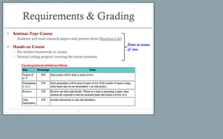 Requirements & Grading
• Seminar-Type Course
• Students will read research papers and present them (Reading List)
• Hands-on Course
• No written homework or exams
• Several coding projects covering the entire semester
Done in teams
of two
23
 