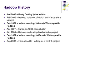 Hadoop History
 Jan 2006 – Doug Cutting joins Yahoo
 Feb 2006 – Hadoop splits out of Nutch and Yahoo starts
using it.
 Dec 2006 – Yahoo creating 100-node Webmap with
Hadoop
 Apr 2007 – Yahoo on 1000-node cluster
 Jan 2008 – Hadoop made a top-level Apache project
 Dec 2007 – Yahoo creating 1000-node Webmap with
Hadoop
 Sep 2008 – Hive added to Hadoop as a contrib project
 