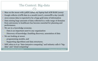 The Context: Big-data
 Man on the moon with 32KB (1969); my laptop had 2GB RAM (2009)
 Google collects 270PB data in a month (2007), 20000PB a day (2008)
 2010 census data is expected to be a huge gold mine of information
 Data mining huge amounts of data collected in a wide range of domains
from astronomy to healthcare has become essential for planning and
performance.
 We are in a knowledge economy.
 Data is an important asset to any organization
 Discovery of knowledge; Enabling discovery; annotation of data
 We are looking at newer
 programming models, and
 Supporting algorithms and data structures.
 NSF refers to it as “data-intensive computing” and industry calls it “big-
data” and “cloud computing”
B.Ramamurthy & K.Madurai
55
CCSCNE 2009 Palttsburg, April 24 2009
 