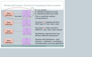 Divide and Conquer: Provision Computing at Data Location
B.Ramamurthy & K.Madurai
70
WordList
Thread
Main
1..*
1..*
DataCollection
Parser
1..*
Counter
1..*
ResultTable
Data
collection
WordList
Thread
Main
1..*
1..*
DataCollection
Parser
1..*
Counter
1..*
ResultTable
Data
collection
Data
collection
WordList
Thread
Main
1..*
1..*
DataCollection
Parser
1..*
Counter
1..*
ResultTable
WordList
Thread
Main
1..*
1..*
DataCollection
Parser
1..*
Counter
1..*
ResultTable
Data
collection
For our example,
#1: Schedule parallel parse tasks
#2: Schedule parallel count tasks
This is a particular solution;
Lets generalize it:
Our parse is a mapping operation:
MAP: input  <key, value> pairs
Our count is a reduce operation:
REDUCE: <key, value> pairs reduced
Map/Reduce originated from Lisp
But have different meaning here
Runtime adds distribution + fault
tolerance + replication + monitoring +
load balancing to your base application!
One node
CCSCNE 2009 Palttsburg, April 24 2009
 