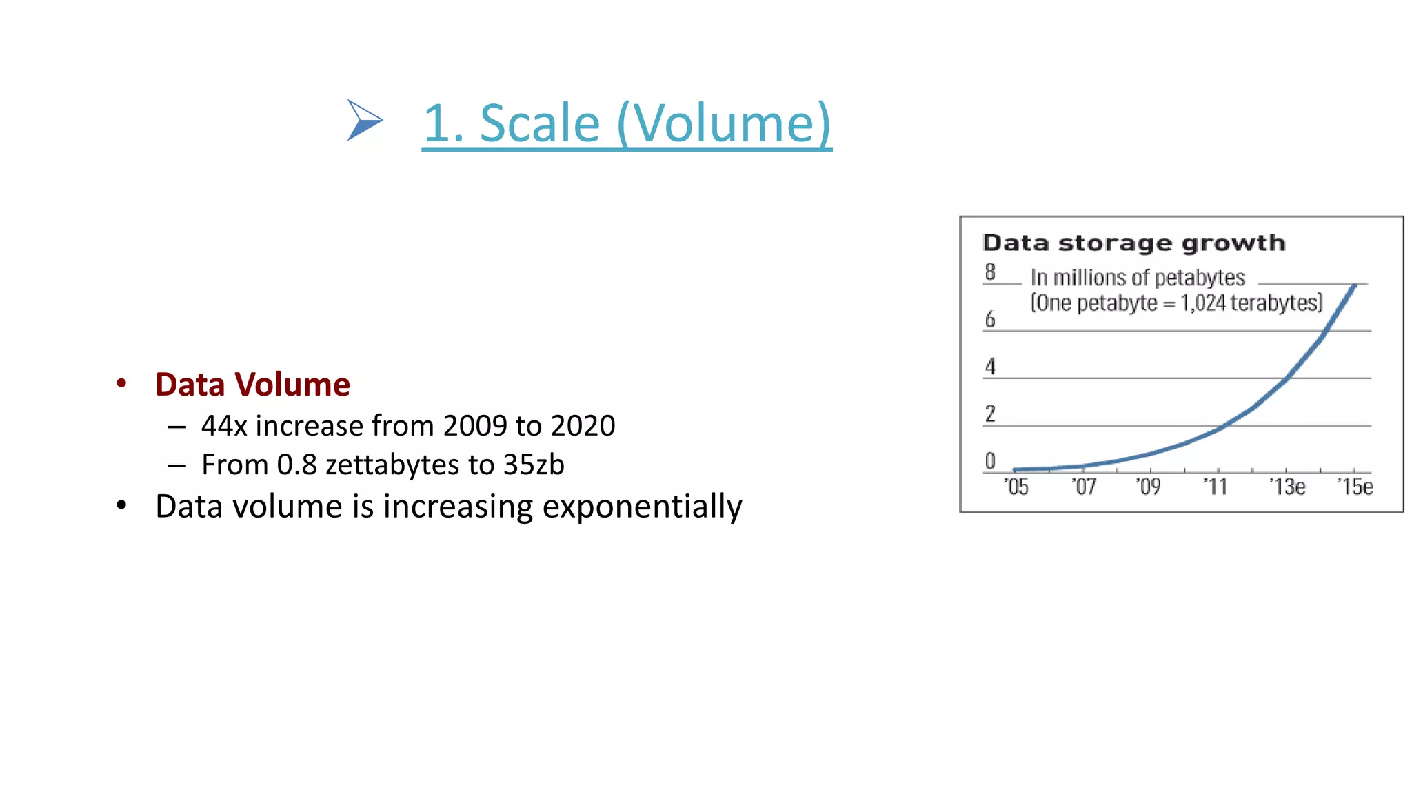  1. Scale (Volume)
• Data Volume
– 44x increase from 2009 to 2020
– From 0.8 zettabytes to 35zb
• Data volume is increasing exponentially
 