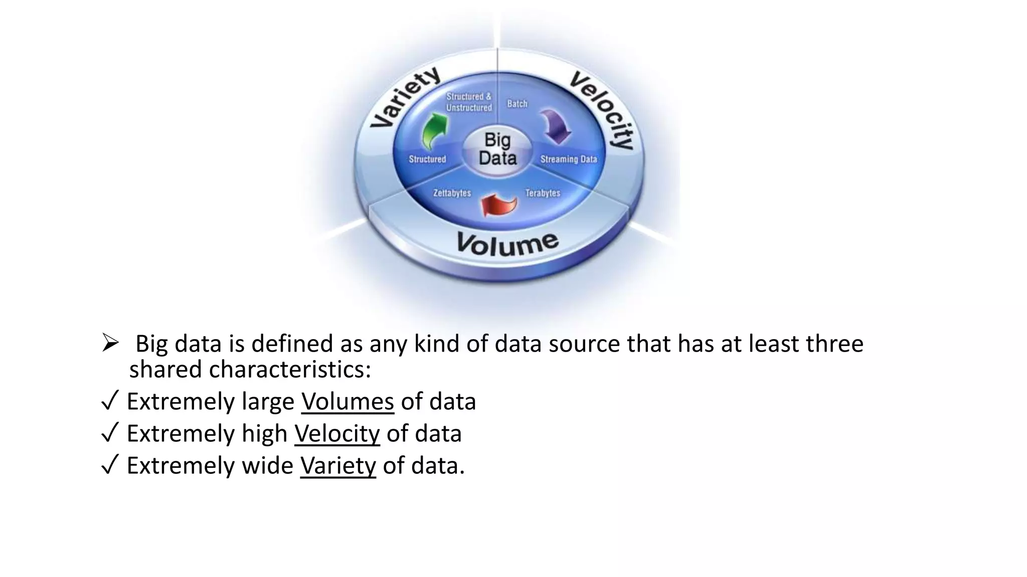  Big data is defined as any kind of data source that has at least three
shared characteristics:
✓ Extremely large Volumes of data
✓ Extremely high Velocity of data
✓ Extremely wide Variety of data.
 