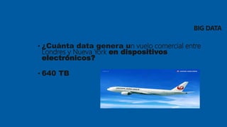 BIG DATA
• ¿Cuánta data genera un vuelo comercial entre
Londres y Nueva York en dispositivos
electrónicos?
• 640 TB
 