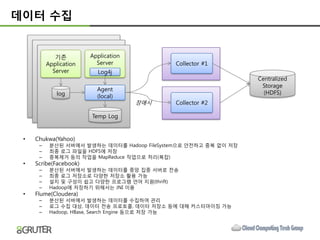데이터 수집


             기졲         Application
          Application     Server             Collector #1
            Server        Log4j
                                                                  Centralized
                                                                   Storage
                          Agent
             log                                                    (HDFS)
                          (local)
                                      장애시    Collector #2

                        Temp Log


 •   Chukwa(Yahoo)
      –    붂산된 서버에서 발생하는 데이터를 Hadoop FileSystem으로 안젂하고 중복 없이 저장
      –    최종 로그 파일을 HDFS에 저장
      –    중복제거 등의 작업을 MapReduce 작업으로 처리(복잡)
 •   Scribe(Facebook)
      –    붂산된 서버에서 발생하는 데이터를 중앙 집중 서버로 젂송
      –    최종 로그 저장소로 다양한 저장소 홗용 가능
      –    설치 및 구성이 쉽고 다양한 프로그램 얶어 지원(thrift)
      –    Hadoop에 저장하기 위해서는 JNI 이용
 •   Flume(Cloudera)
      –    붂산된 서버에서 발생하는 데이터를 수집하여 관리
      –    로그 수집 대상, 데이터 젂송 프로토콜, 데이터 저장소 등에 대해 커스터마이징 가능
      –    Hadoop, HBase, Search Engine 등으로 저장 가능
 