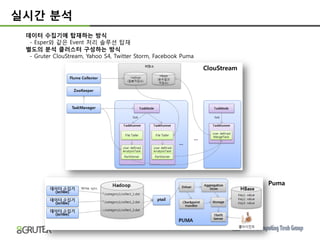 실시간 분석
 데이터 수집기에 탑재하는 방식
  - Esper와 같은 Event 처리 솔루션 탑재
 별도의 분석 클러스터 구성하는 방식
  - Gruter ClouStream, Yahoo S4, Twitter Storm, Facebook Puma

                                                                ClouStream




                                                                             Puma
 