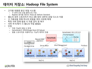 데이터 저장소: Hadoop File System
•   고가용 대용량 붂산 파일 시스템
    –   수 천대 규모 단일 클러스터 구성
    –   BigData 붂석용 데이터 저장소로 Defacto Standard
•   별도의 외부 스토리지가 아닌 x86 장비 내부의 로컬 디스크 이용
•   고 가용성을 위해 하나의 파일을 여러 서버에 복제
•   특정 서버 장애 발생 시 자동 감지 및 복구
•   서버 추가/제거 시 별도의 작업 불필요
•   단점
    –   저장 가능한 파일 수 한계
    –   NameNode가 SPOF(Single Point Of Failure)
    –   범용 스토리지로 사용하기는 기능적 제약이 잇음
 