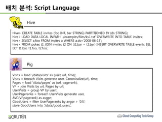 배치 분석: Script Language

            Hive

  Hive> CREATE TABLE invites (foo INT, bar STRING) PARTITIONED BY (ds STRING);
  hive> LOAD DATA LOCAL INPATH './examples/files/kv1.txt' OVERWRITE INTO TABLE invites;
  hive> SELECT a.foo FROM invites a WHERE a.ds='2008-08-15';
  hive> FROM pokes t1 JOIN invites t2 ON (t1.bar = t2.bar) INSERT OVERWRITE TABLE events SEL
  ECT t1.bar, t1.foo, t2.foo;




            Pig

  Visits = load ‘/data/visits’ as (user, url, time);
  Visits = foreach Visits generate user, Canonicalize(url), time;
  Pages = load ‘/data/pages’ as (url, pagerank);
  VP = join Visits by url, Pages by url;
  UserVisits = group VP by user;
  UserPageranks = foreach UserVisits generate user,
  AVG(VP.pagerank) as avgpr;
  GoodUsers = filter UserPageranks by avgpr > ‘0.5’;
  store GoodUsers into '/data/good_users';
 