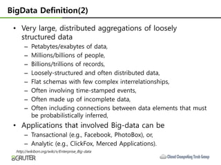 BigData Definition(2)

 • Very large, distributed aggregations of loosely
   structured data
      –    Petabytes/exabytes of data,
      –    Millions/billions of people,
      –    Billions/trillions of records,
      –    Loosely-structured and often distributed data,
      –    Flat schemas with few complex interrelationships,
      –    Often involving time-stamped events,
      –    Often made up of incomplete data,
      –    Often including connections between data elements that must
           be probabilistically inferred,
 • Applications that involved Big-data can be
      – Transactional (e.g., Facebook, PhotoBox), or,
      – Analytic (e.g., ClickFox, Merced Applications).
  http://wikibon.org/wiki/v/Enterprise_Big-data
 