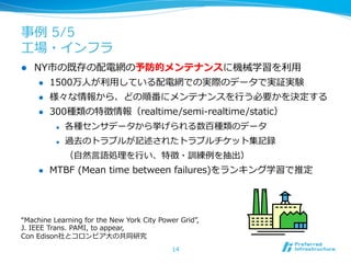 事例例 5/5
⼯工場・インフラ
l    NY市の既存の配電網の予防的メンテナンスに機械学習を利利⽤用
       l  1500万⼈人が利利⽤用している配電網での実際のデータで実証実験

       l  様々な情報から、どの順番にメンテナンスを⾏行行う必要かを決定する

       l  300種類の特徴情報（realtime/semi-‐‑‒realtime/static）

             l    各種センサデータから挙げられる数百種類のデータ
             l    過去のトラブルが記述されたトラブルチケット集記録
                   （⾃自然⾔言語処理理を⾏行行い、特徴・訓練例例を抽出）
      l    MTBF  (Mean  time  between  failures)をランキング学習で推定




“Machine  Learning  for  the  New  York  City  Power  Grid”,  
J.  IEEE  Trans.  PAMI,  to  appear,  
Con  Edison社とコロンビア⼤大の共同研究
                                                   14
 