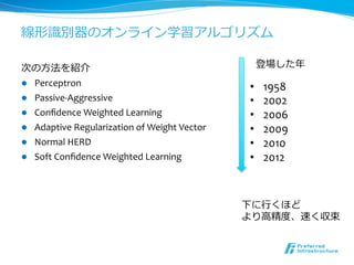 線形識識別器のオンライン学習アルゴリズム

次の⽅方法を紹介                                                                 登場した年年
l  Perceptron	
  
                                                                    •    1958	
  
l  Passive-­‐Aggressive	
                                          •    2002	
  
l  Conﬁdence	
  Weighted	
  Learning	
  	
                         •    2006	
  
l  Adaptive	
  Regularization	
  of	
  Weight	
  Vector	
  	
      •    2009	
  
l  Normal	
  HERD	
                                                •    2010	
  
l  Soft	
  Conﬁdence	
  Weighted	
  Learning	
  	
                 •    2012	
  



                                                                   下に⾏行行くほど
                                                                   より⾼高精度度、速く収束
 