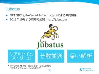 Jubatus
l  NTT  SIC*とPreferred  Infrastructureによる共同開発
l  2011年年10⽉月よりOSSで公開  http://jubat.us/




      リアルタイム  
       ストリーム         分散並列列               深い解析
  *  NTT研究所  サイバーコミュニケーション研究所
   　ソフトウェアイノベーションセンタ
                           38
 