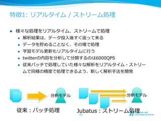 特徴1:  リアルタイム  /  ストリーム処理理

l    様々な処理理をリアルタイム、ストリームで処理理
      l  解析結果は、データ投⼊入後すぐ返って来る

      l  データを貯めることなく、その場で処理理

      l  学習モデル更更新もリアルタイムに⾏行行う

      l  twitterの内容を分析して分類するのは6000QPS

      l  従来バッチで処理理していた様々な解析をリアルタイム・ストリー

          ムで同様の精度度で処理理できるよう、新しく解析⼿手法を開発




               分析モデル               分析モデル


                                    39
      従来：バッチ処理理        Jubatus：ストリーム処理理
                       39
 