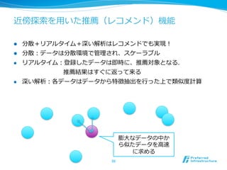 近傍探索索を⽤用いた推薦（レコメンド）機能

l    分散＋リアルタイム＋深い解析はレコメンドでも実現！
l    分散：データは分散環境で管理理され、スケーラブル
l    リアルタイム：登録したデータは即時に、推薦対象となる.
             推薦結果はすぐに返って来る
l    深い解析：各データはデータから特徴抽出を⾏行行った上で類似度度計算




                             膨⼤大なデータの中か
                             ら似たデータを⾼高速
                                に求める
                      50	
 