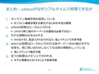まとめ：Jubatusがなぜリアルタイムで処理理できるか

1.  オンライン機械学習を採⽤用している	
  
   l    オンライン機械学習を分散化するための手法は開発	
  
2.  UPDATE処理理はローカルに⾏行行わる	
  
   l    UPDATE時に他のサーバーとの通信は必要ではない	
  
3.  モデル情報のみをMIXする	
  
   l    MIXは小さく、転送コストは小さくなり、低レイテンシで共有可能	
  
4.  ANALYZE処理理はローカルに⾏行行われる各サーバーはMIX後のモデル
    を持ち，他に問い合わせしなくても全体の情報をしっている	
  
    l  低レイテンシで推定可能	
  
5.  全ての処理理はメモリ上で⾏行行われる	
  
   l    モデル情報は小さくメモリ上で処理可能	
  


                          58	
 