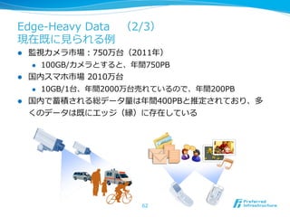 Edge-‐‑‒Heavy  Data 　（2/3）
現在既に⾒見見られる例例
l  監視カメラ市場：750万台（2011年年）
    l  100GB/カメラとすると、年年間750PB

l  国内スマホ市場  2010万台
    l  10GB/1台、年年間2000万台売れているので、年年間200PB

l  国内で蓄積される総データ量量は年年間400PBと推定されており、多
    くのデータは既にエッジ（縁）に存在している




                      62
 
