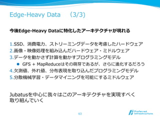 Edge-‐‑‒Heavy  Data 　（3/3)

今後Edge-‐‑‒Heavy  Dataに特化したアーキテクチャが現れる


1. SSD、消費電⼒力力、ストリーミングデータを考慮したハードウェア
2. 画像・映像処理理を組み込んだハードウェア・ミドルウェア
3. データを動かさず計算を動かすプログラミングモデル
    l  GFS  +  MapReduceはその萌芽であるが、さらに進化するだろう
4. ⽋欠測値、外れ値、分布表現を取り込んだプログラミングモデル
5. 分散機械学習・データマイニングを可能にするミドルウェア


Jubatusを中⼼心に我々はこのアーキテクチャを実現すべく
取り組んでいく

                       63
 
