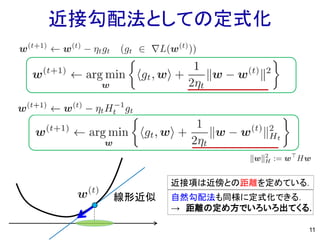 近接勾配法としての定式化
11
線形近似
近接項は近傍との距離を定めている．
自然勾配法も同様に定式化できる．
→ 距離の定め方でいろいろ出てくる．
 