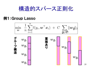 構造的スパース正則化
31
例１：Ｇｒｏｕｐ Ｌａｓｓｏ
グ
ル
ー
プ
構
造
重
複
あ
り
 