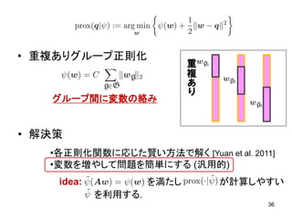 •各正則化関数に応じた賢い方法で解く [Yuan et al. 2011]
•変数を増やして問題を簡単にする (汎用的)
を満たし が計算しやすい
• 重複ありグループ正則化
36
重
複
あ
り
グループ間に変数の絡み
• 解決策
を利用する．
idea:
 
