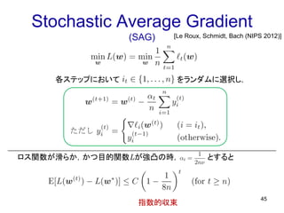 Stochastic Average Gradient
(SAG)
45
[Le Roux, Schmidt, Bach (NIPS 2012)]
各ステップにおいて をランダムに選択し，
ロス関数が滑らか，かつ目的関数Lが強凸の時， とすると
指数的収束
 