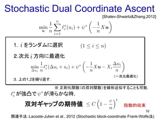 Stochastic Dual Coordinate Ascent
52
1. をランダムに選択
２.次元 方向に最適化
３. 上の1,2を繰り返す．
が強凸で が滑らかな時，
双対ギャップの期待値
[Shalev-Shwartz&Zhang,2012]
指数的収束
関連手法：Lacoste-Julien et al., 2012 (Stochastic block-coordinate Frank-Wolfe法)
（一次元最適化）
※ 正則化関数（の双対関数）を線形近似することも可能．
 