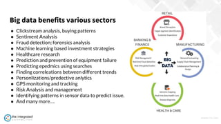 WWW.TIC.OM
● Clickstream analysis, buying patterns
● Sentiment Analysis
● Fraud detection; forensics analysis
● Machine learning based investment strategies
● Healthcare research
● Prediction and prevention of equipment failure
● Predicting epedmics using searches
● Finding correleations between different trends
● Personlizations/predective anlytics
● GPS monitoring and tracking
● Risk Analysis and management
● Identifying patterns in sensor data to predict issue.
● And many more….
Big data benefits various sectors
 