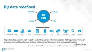 WWW.TIC.OM
Big data redefined
Big data is high volume, high velocity, and/or high variety information assets that require new forms of
processing to enable enhanced decision making, insight discovery and process optimization.
—-Doug Laney
Gartner Analyst, Chief Data Officer research & advisory team. Data & Analytics Strategy, Infonomics, Big Data. Info Innovation
 