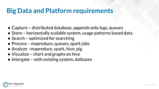 WWW.TIC.OM
● Capture – distributed database, appends only logs, queues
● Store – horizontally scalable system, usage patterns based data
● Search – optimized for searching
● Process – mapreduce, queues, spark jobs
● Analyze –mapreduce, spark, hive, pig
● Visualize – chart and graphs on hive
● Intergate – with existing system, datbases
Big Data and Platform requirements
 