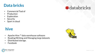 WWW.TIC.OM
Data bricks
• Commercial Tool of
• Production
• Exploration
• Security
• Spart in cloud
hive
• Apache Hive ™ data warehouse software
• Reading/Writing and Managing large datasets
• Distributed storage.
• Facebook
 
