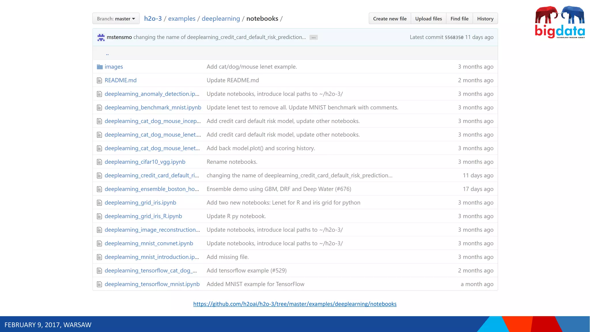 FEBRUARY 9, 2017, WARSAW
https://github.com/h2oai/h2o-3/tree/master/examples/deeplearning/notebooks
 