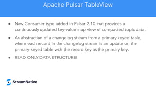 ● New Consumer type added in Pulsar 2.10 that provides a
continuously updated key-value map view of compacted topic data.
● An abstraction of a changelog stream from a primary-keyed table,
where each record in the changelog stream is an update on the
primary-keyed table with the record key as the primary key.
● READ ONLY DATA STRUCTURE!
Apache Pulsar TableView
 