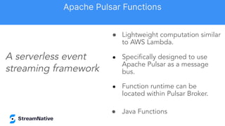 ● Lightweight computation similar
to AWS Lambda.
● Speciﬁcally designed to use
Apache Pulsar as a message
bus.
● Function runtime can be
located within Pulsar Broker.
● Java Functions
A serverless event
streaming framework
Apache Pulsar Functions
 