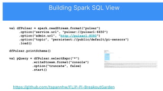val dfPulsar = spark.readStream.format("pulsar")
.option("service.url", "pulsar://pulsar1:6650")
.option("admin.url", "http://pulsar1:8080")
.option("topic", "persistent://public/default/pi-sensors")
.load()
dfPulsar.printSchema()
val pQuery = dfPulsar.selectExpr("*")
.writeStream.format("console")
.option("truncate", false)
.start()
https://github.com/tspannhw/FLiP-Pi-BreakoutGarden
Building Spark SQL View
 