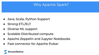 ● Java, Scala, Python Support
● Strong ETL/ELT
● Diverse ML support
● Scalable Distributed compute
● Apache Zeppelin and Jupyter Notebooks
● Fast connector for Apache Pulsar
Why Apache Spark?
 