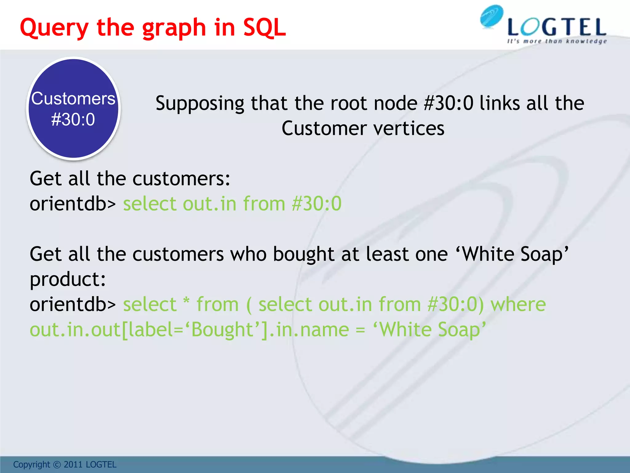 Copyright © 2011 LOGTEL
Supposing that the root node #30:0 links all the
Customer vertices
Get all the customers:
orientdb> select out.in from #30:0
Get all the customers who bought at least one ‘White Soap’
product:
orientdb> select * from ( select out.in from #30:0) where
out.in.out[label=‘Bought’].in.name = ‘White Soap’
Customers
#30:0
Query the graph in SQL
 