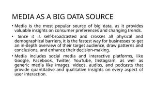 MEDIA AS A BIG DATA SOURCE
• Media is the most popular source of big data, as it provides
valuable insights on consumer preferences and changing trends.
• Since it is self-broadcasted and crosses all physical and
demographical barriers, it is the fastest way for businesses to get
an in-depth overview of their target audience, draw patterns and
conclusions, and enhance their decision-making.
• Media includes social media and interactive platforms, like
Google, Facebook, Twitter, YouTube, Instagram, as well as
generic media like images, videos, audios, and podcasts that
provide quantitative and qualitative insights on every aspect of
user interaction.
 