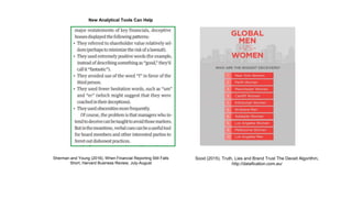 Sherman and Young (2016), When Financial Reporting Still Falls
Short, Harvard Business Review, July-August
Sood (2015), Truth, Lies and Brand Trust The Deceit Algorithm,
http://datafication.com.au/
New Analytical Tools Can Help
 