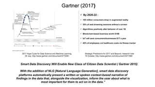 2017 Hype Cycle for Data Science and Machine Learning,
29 July, http://www.gartner.com/document/3772081
Gartner (2017)
Strategic Predictions for 2017 and Beyond, research note
14 October, http://www.gartner.com/document/3471568
 By 2020-22 :
 100 million consumers shop in augmented reality
 30% of web browsing sessions without a screen
 Algorithms positively alter behavior of over 1B
 Blockchain-based business worth $10B
 IoT will save consumers/businesses $1T a year
 40% of employees cut healthcare costs via fitness tracker
Smart Data Discovery Will Enable New Class of Citizen Data Scientist ( Gartner 2015)
“With the addition of NLG [Natural Language Generation], smart data discovery
platforms automatically present a written or spoken context-based narrative of
findings in the data that, alongside the visualization, inform the user about what is
most important for them to act on in the data.”
 