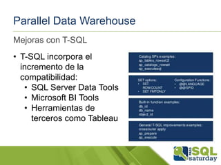 Parallel Data Warehouse
Mejoras con T-SQL
• T-SQL incorpora el
incremento de la
compatibilidad:
• SQL Server Data Tools
• Microsoft BI Tools
• Herramientas de
terceros como Tableau

 