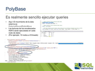 PolyBase
Es realmente sencillo ejecutar queries
•
•
•

Aquí: El movimiento de la data
externa es
ExternalRoundRobinMove
Las lecturas de los encabezados
HDFS serán ejecutadas en cada
nodo de datos
(Por ejemplo: 10 nodos a 8 threads)

 