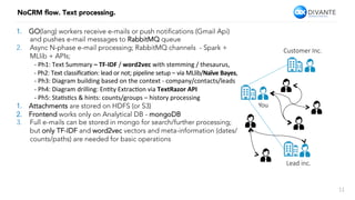 11
NoCRM ﬂow. Text processing.
You
Customer Inc.
Lead inc.
1.  GO(lang) workers receive e-mails or push notiﬁcations (Gmail Api)
and pushes e-mail messages to RabbitMQ queue
2.  Async N-phase e-mail processing; RabbitMQ channels - Spark +
MLlib + APIs;
	-	Ph1:	Text	Summary	–	TF-IDF	/	word2vec	with	stemming	/	thesaurus,	
	-	Ph2:	Text	classiﬁca4on:	lead	or	not;	pipeline	setup	–	via	MLlib/Naïve	Bayes,	
	-	Ph3:	Diagram	building	based	on	the	context	-	company/contacts/leads	
	-	Ph4:	Diagram	drilling:	En4ty	Extrac4on	via	TextRazor	API	
	-	Ph5:	Sta4s4cs	&	hints:	counts/groups	–	history	processing	
1.  Attachments are stored on HDFS (or S3)
2.  Frontend works only on Analytical DB - mongoDB
3.  Full e-mails can be stored in mongo for search/further processing;
but only TF-IDF and word2vec vectors and meta-information (dates/
counts/paths) are needed for basic operations
 