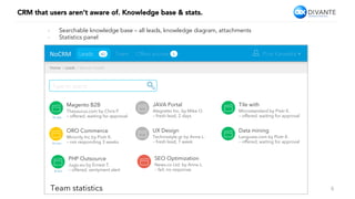 CRM that users aren’t aware of. Knowledge base & stats.
8
NoCRM	 Piotr Karwatka
Home	>	Leads	>	Search	results	
Leads 42
Type to search…
Team Offers archive 5
Magento B2B
Thesaurus.com by Chris P.
– offered, waiting for approval
JAVA Portal
Alegretto Inc. by Mike O.
– fresh lead, 2 days
Tile with
Microstandard by Piotr K.
– offered, waiting for approval
ORO Commerce
Minority Inc by Piotr K.
– not responding 3 weeks
UX Design
Technostyle.gr by Anna L.
– fresh lead, 1 week
Data mining
Langusta.com by Piotr K.
– offered, waiting for approval
PHP Outsource
Jugo.eu by Ernest T.
– offered, sentyment alert
SEO Optimization
News.co Ltd. by Anna L.
– fail, no response
Team statistics
15 min
10 min
8 min
-  Searchable knowledge base – all leads, knowledge diagram, attachments
-  Statistics panel
 