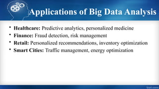 Applications of Big Data Analysis
• Healthcare: Predictive analytics, personalized medicine
• Finance: Fraud detection, risk management
• Retail: Personalized recommendations, inventory optimization
• Smart Cities: Traffic management, energy optimization
 