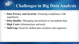 Challenges in Big Data Analysis
• Data Privacy and Security: Ensuring compliance with
regulations
• Data Quality: Managing inconsistent or incomplete data
• High Costs: Infrastructure and tools
• Skill Gap: Need for skilled data scientists and engineers
 